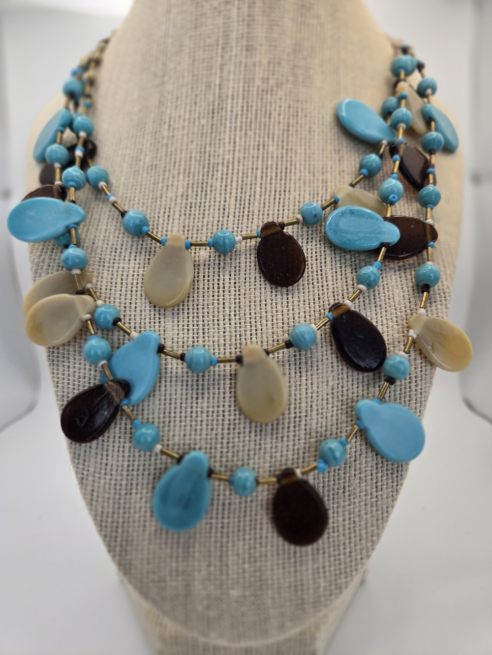 Orion Multi-Strand Turquoise Brown Cream Glass Bead Necklace Summer Ocean Boho